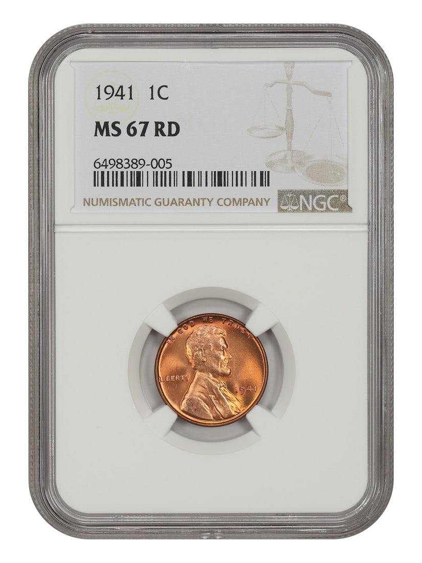 NGC MS67RD 1941 Lincoln Wheat Cent 1C Philadelphia RD: NGC MS67RD 1941 Lincoln Wheat Cent 1C Philadelphia RD 1941 Lincoln Cent (Wheat Reverse) in uncirculated condition, certified by NGC with a grade of MS67RD. The coin is a 1C issue from the Philadelphia