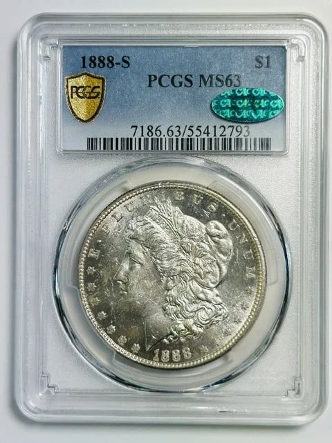 1888-S Morgan Dollar PCGS MS63 CAC DMPL Obverse: 1888-S Morgan Dollar PCGS MS63 CAC DMPL Obverse This 1888 S Morgan Silver Dollar has been graded MS 63 by PCGS and is also CAC approved. The coin is composed of silver and originates from the San Fran