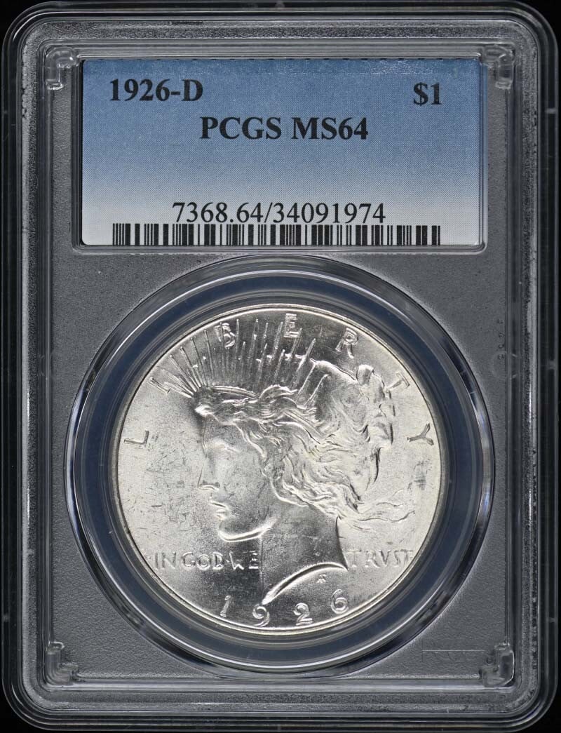 1926-D Peace Dollar PCGS MS64 Uncirculated Denver Mint: 1926-D Peace Dollar PCGS MS64 Uncirculated Denver Mint This 1926-D $1 Peace Dollar is graded MS64 by PCGS, showcasing its uncirculated condition. Minted in Denver, this coin reflects the artistry of t