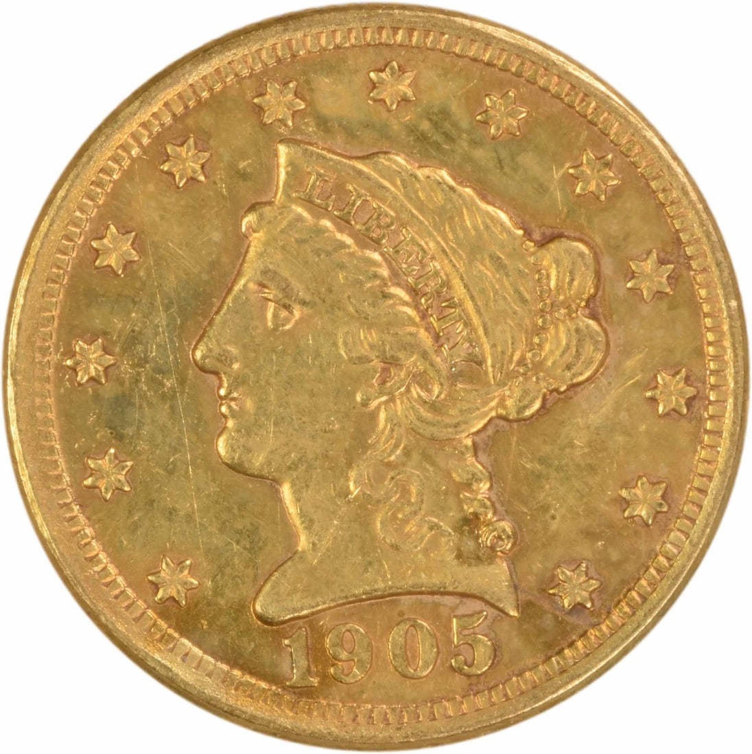 1905 $2.50 Liberty Head gold coin AU uncertified: 1905 $2.50 Liberty Head gold coin AU uncertified This is a 1905 $2.50 Liberty Head gold coin from the Philadelphia Mint. Designed by Christian Gobrecht, the coin is composed of 90% gold and 10% copper