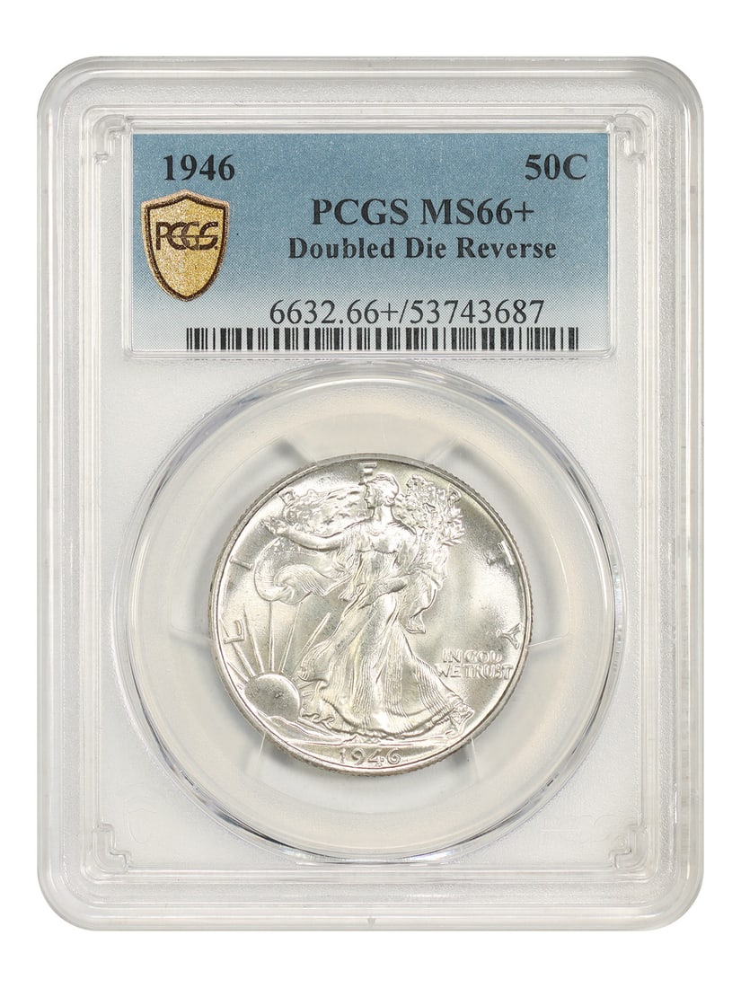 PCGS MS66+ 1946 Walking Liberty Half Dollar Doubled Die Reverse: PCGS MS66+ 1946 Walking Liberty Half Dollar Doubled Die Reverse 1946 Walking Liberty Half Dollar 50C from the Philadelphia Mint, certified by PCGS as MS66+. The coin is uncirculated and identified as 