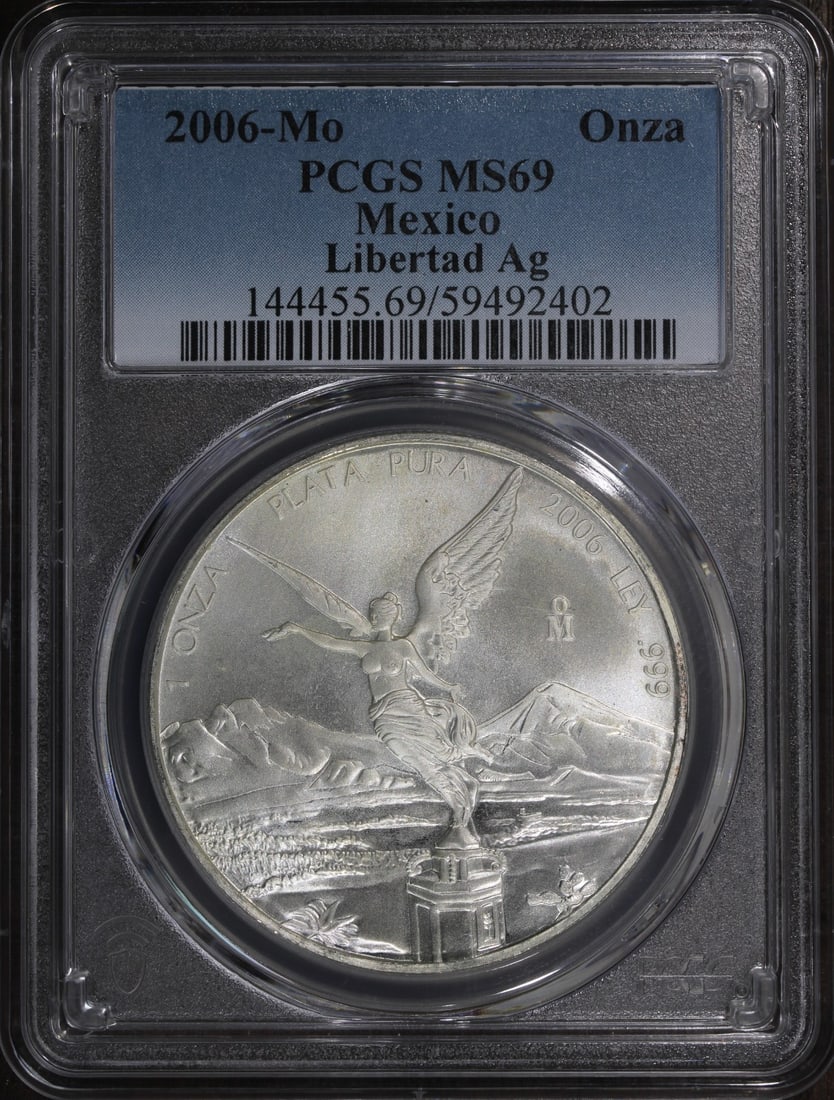 PCGS MS69 2006-Mo Mexico Silver Libertad 1 oz Key Date: PCGS MS69 2006-Mo Mexico Silver Libertad 1 oz Key Date 2006 Mexico 1 oz Silver Libertad coin graded MS69 by PCGS. It is composed of 0.999 fine silver and was minted by the Mexican Mint. Listed as pre-