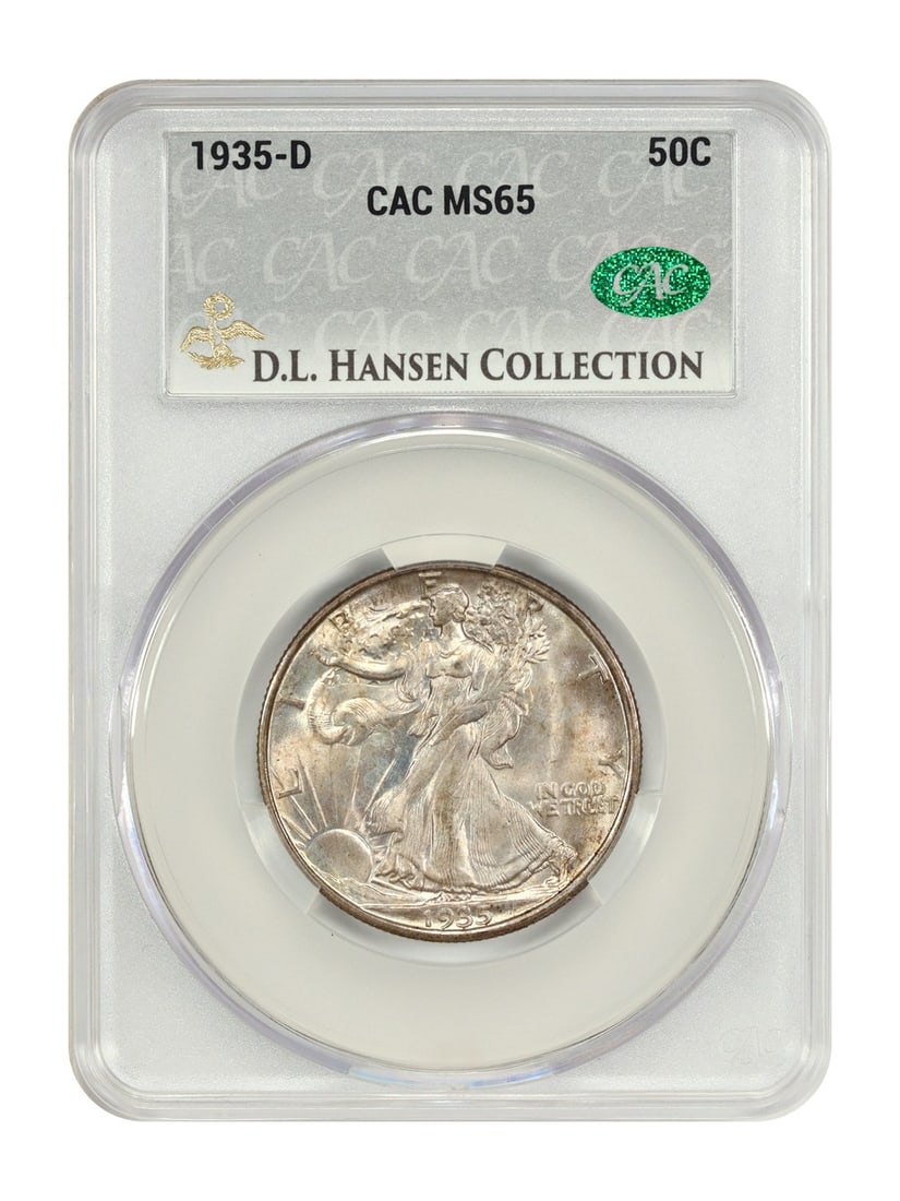 CACG MS65 1935-D Walking Liberty Half Dollar ex D.L. Hansen: CACG MS65 1935-D Walking Liberty Half Dollar ex D.L. Hansen 1935-D Walking Liberty Half Dollar certified by CACG and graded MS65. This uncirculated 50C coin from the Denver mint shows satiny luster ac