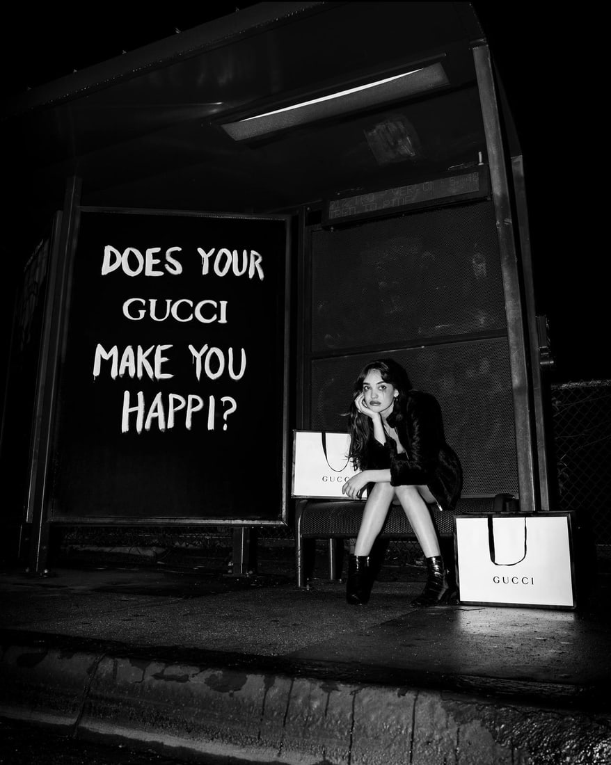 Brendan North Signed Photo Does Your Gucci Make You Happi? 20x16 Ed. 6/15: Brendan North Signed Photo Does Your Gucci Make You Happi? 20x16 Ed. 6/15 Contemporary 2022 photography print from Brendan North's Painted Poetry series, titled "Does your Gucci Make You Happi?" This 