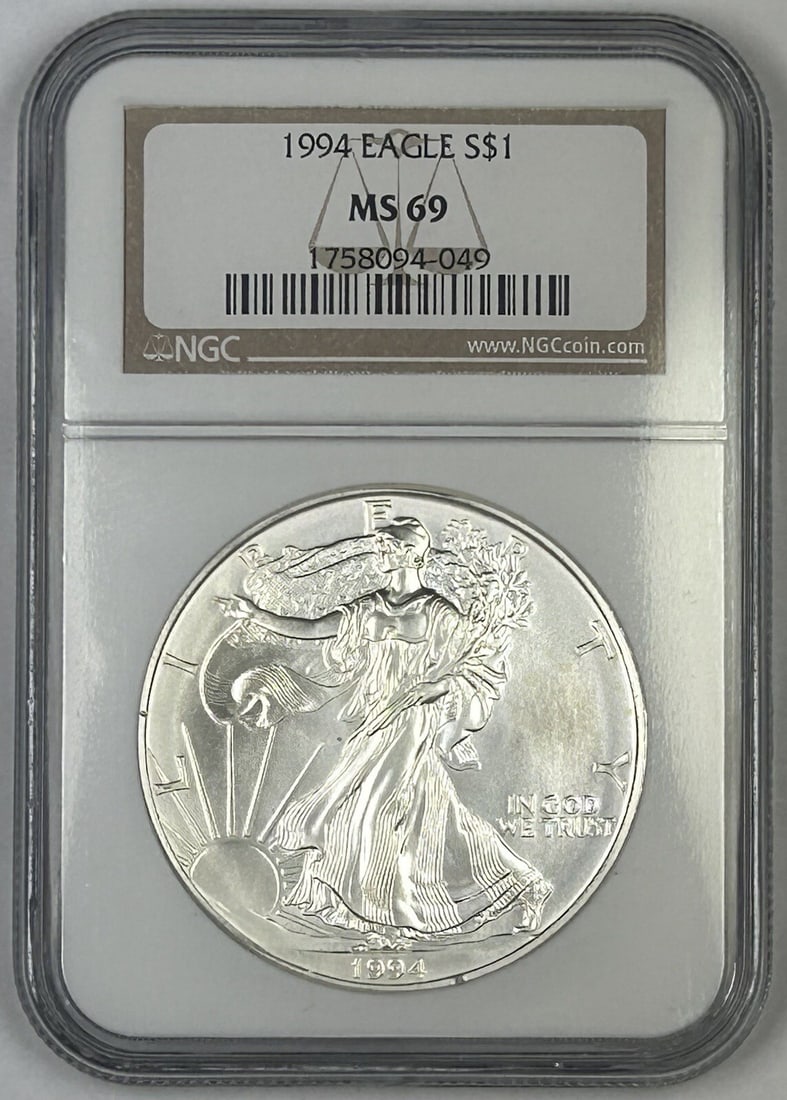 NGC MS 69 1994 Silver American Eagle Dollar: NGC MS 69 1994 Silver American Eagle Dollar This is a 1994 American Silver Eagle one dollar coin, certified and graded MS 69 by NGC. The coin is composed of silver and originates from the United State