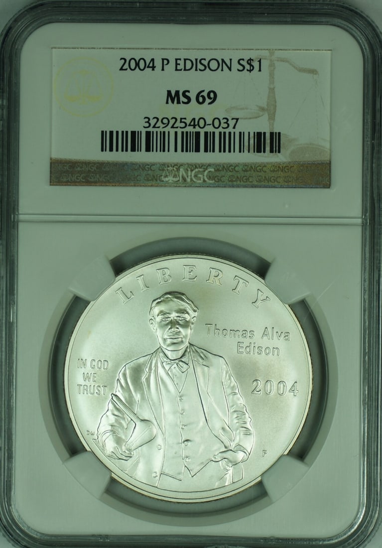 2004 Edison Silver Dollar NGC MS 69 Commemorative Coin: 2004 Edison Silver Dollar NGC MS 69 Commemorative Coin This is a 2004 P. Edison Commemorative Silver $1 Dollar coin, graded MS 69 by NGC. The coin is uncirculated and features a commemorative design h