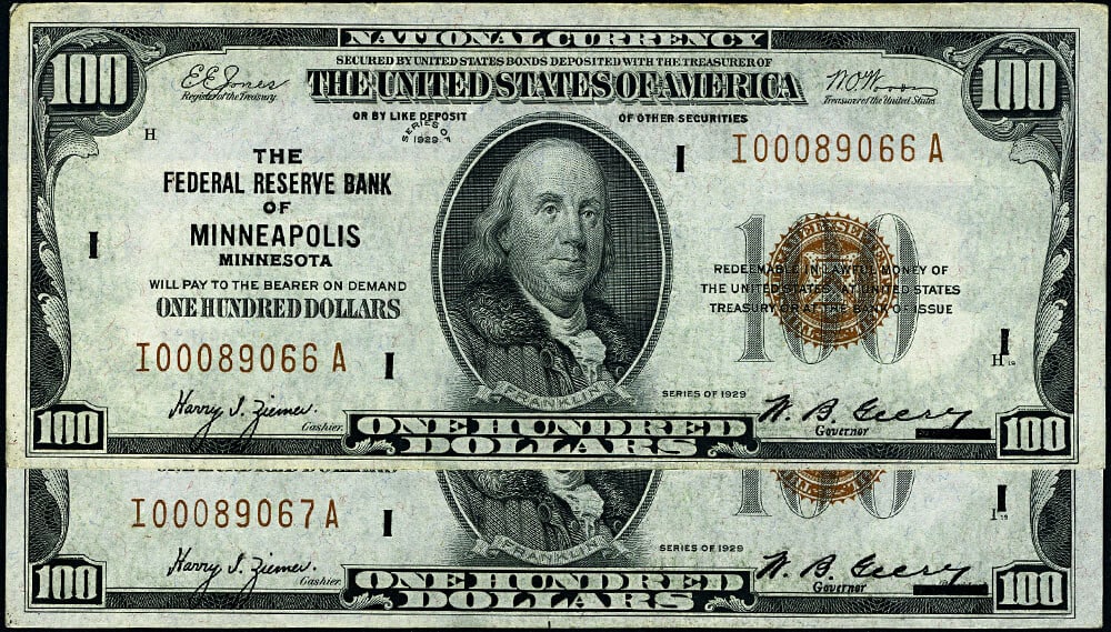 1929 $100 Federal Reserve Bank Note Minneapolis I-A Block 2pc Consecutive: 1929 $100 Federal Reserve Bank Note Minneapolis I-A Block 2pc Consecutive This set features two consecutive $100 Federal Reserve Bank Notes from the Minneapolis branch, issued in 1929. Each note is gr