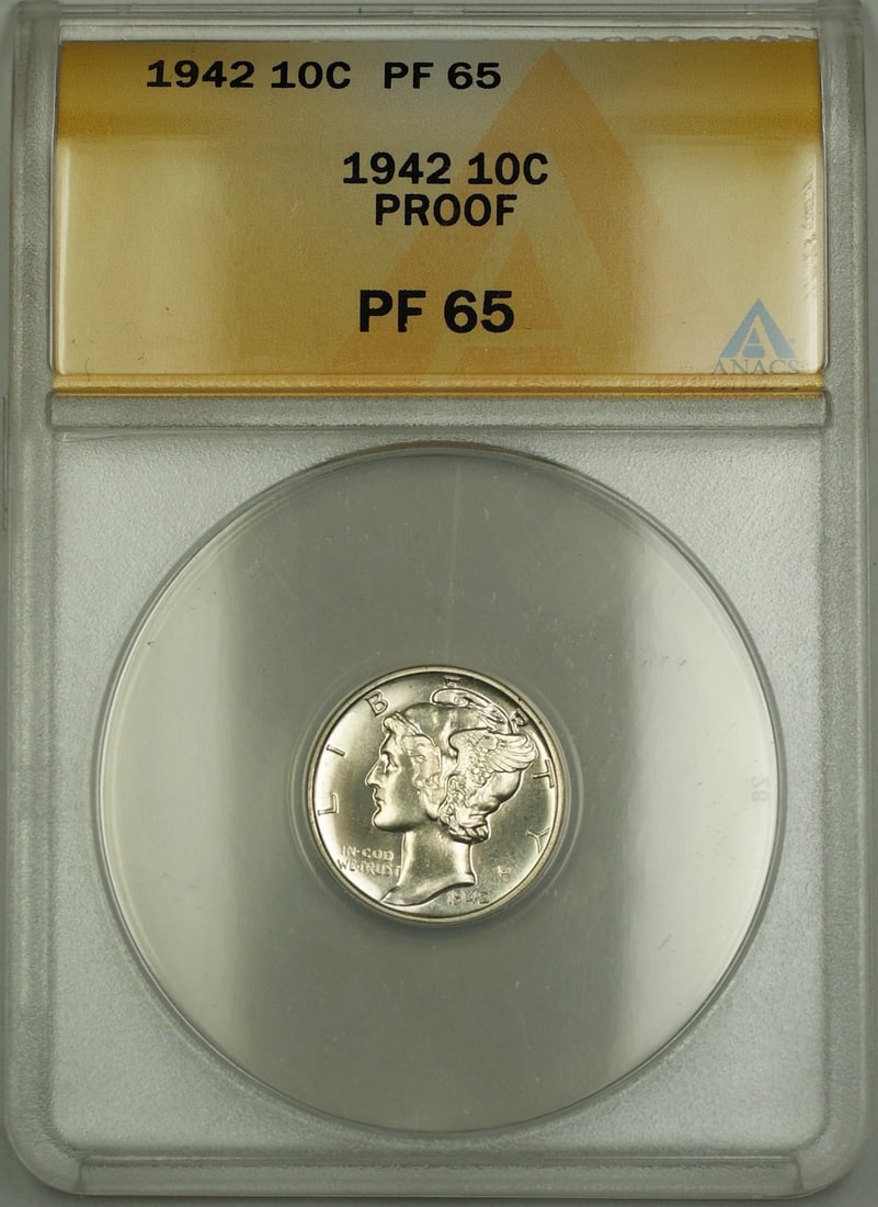 ANACS PF-65 1942 Mercury Silver Dime Proof: ANACS PF-65 1942 Mercury Silver Dime Proof This 1942 Mercury Silver Dime is a proof coin graded PF 65 by ANACS. Struck in Philadelphia, it features the classic Mercury dime design and is composed of s