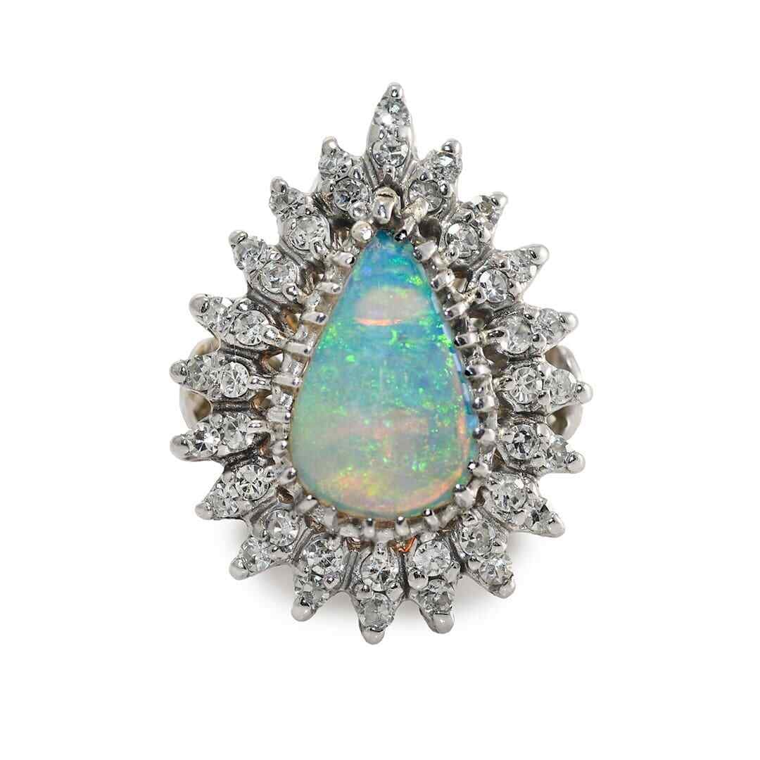 Vintage 14K White Gold Opal Diamond Cocktail Ring 8.7g Size 5.5 (1 of 6)