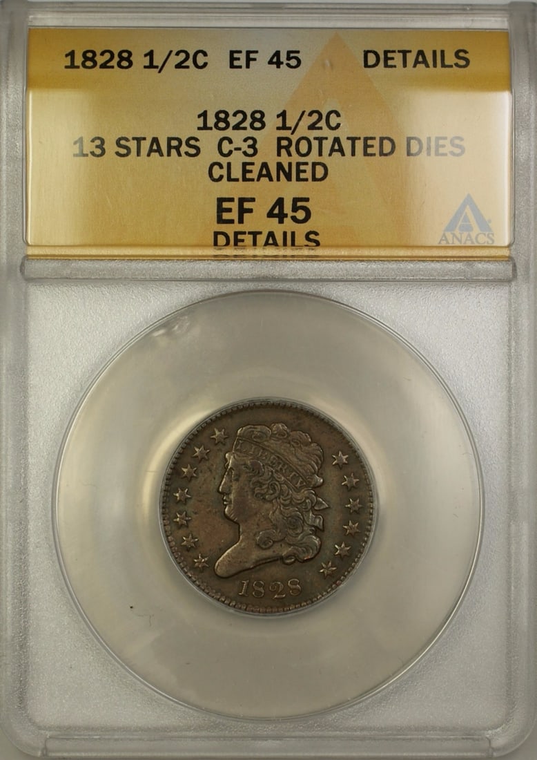 1828 Classic Head Half Cent 13 Stars ANACS EF 45 Details: 1828 Classic Head Half Cent 13 Stars ANACS EF 45 Details This is an 1828 Classic Head Half Cent coin featuring 13 stars and rotated dies. Graded EF 45 Details by ANACS, this circulated coin is compose