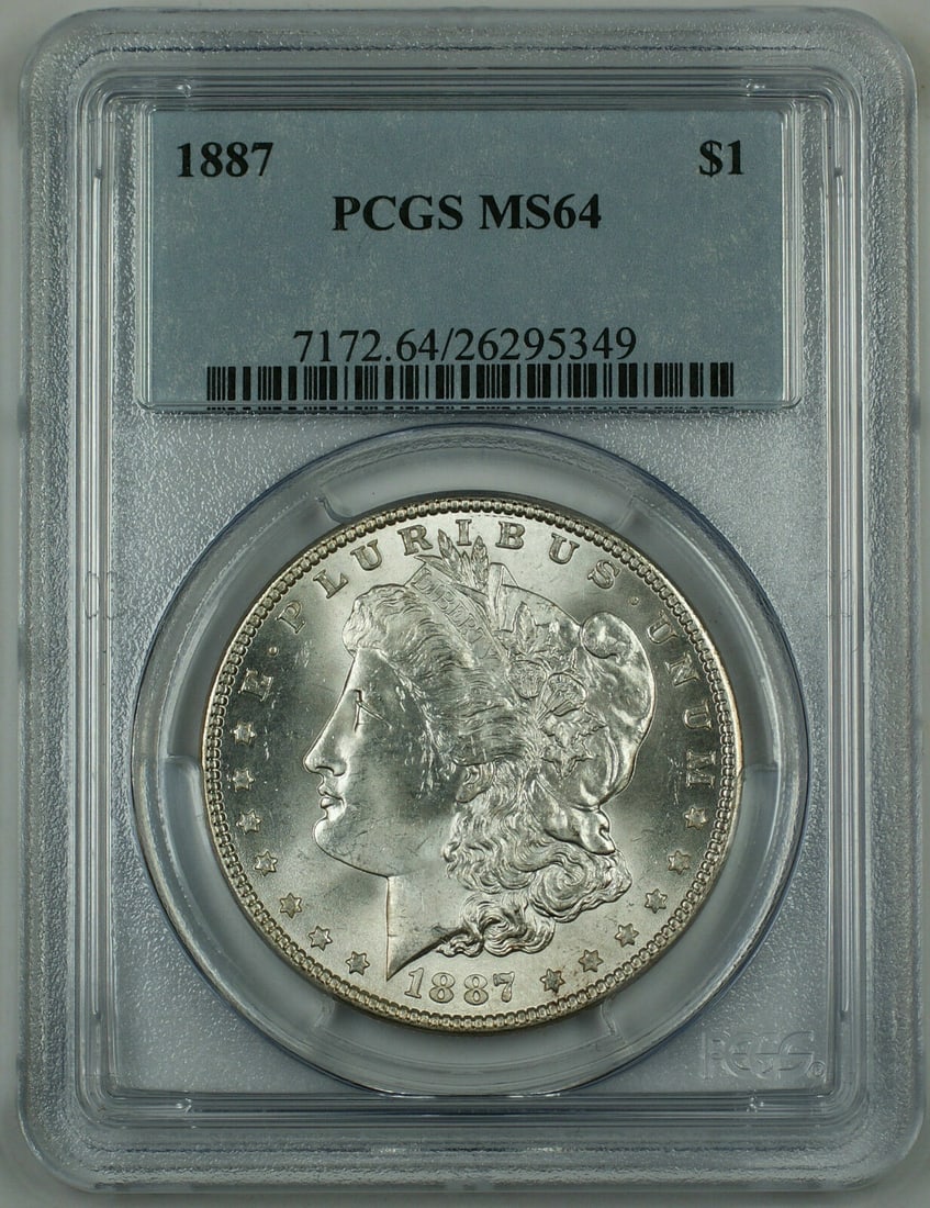 PCGS MS64 Morgan Dollar Silver Coin: PCGS MS64 Morgan Dollar Silver Coin This is a Morgan Silver Dollar graded MS-64 by PCGS. The coin is uncirculated and composed of silver, originating from the United States. It is a pre-owned collecti