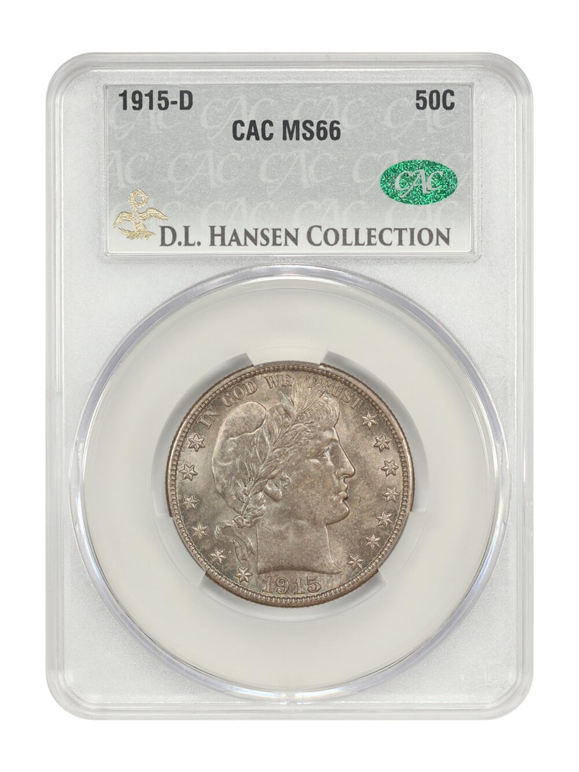 CACG MS66 1915-D Barber Half Dollar 50C Denver Mint: CACG MS66 1915-D Barber Half Dollar 50C Denver Mint This 1915-D Barber Half Dollar is an uncirculated original gem certified by CACG and graded MS66. It features generous luster, a bold strike, and du