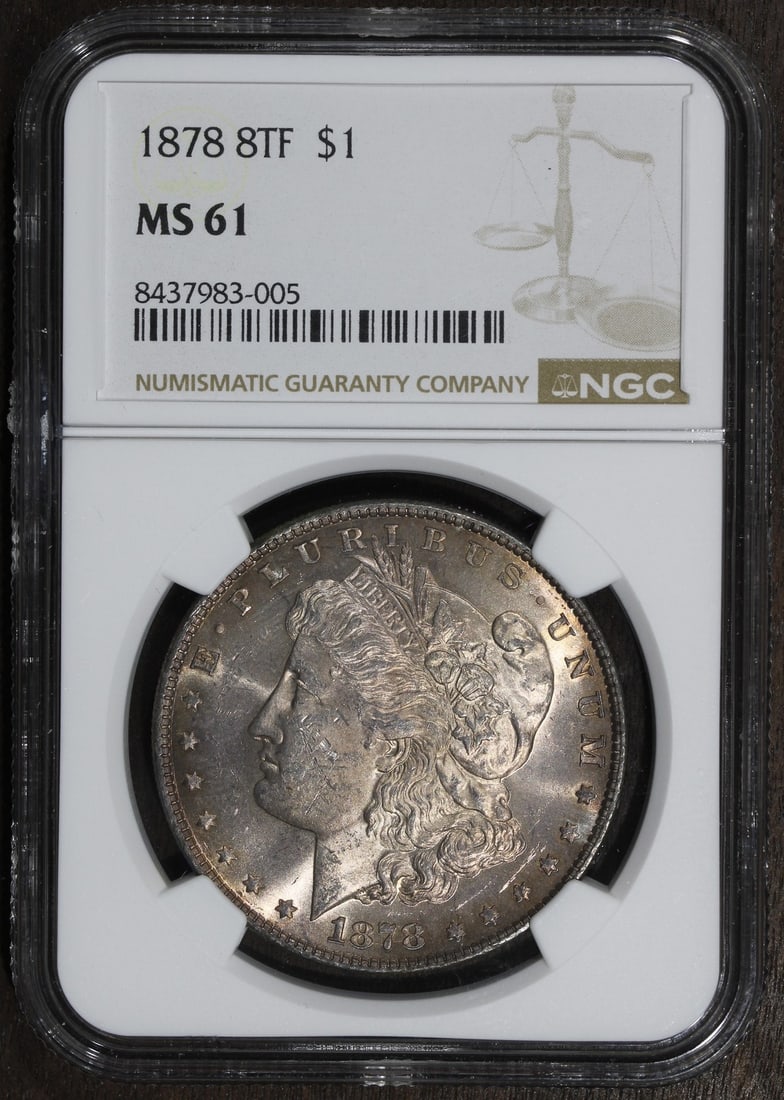 PCGS MS61 1878 Morgan Silver Dollar 8TF Philadelphia: PCGS MS61 1878 Morgan Silver Dollar 8TF Philadelphia This is an 1878 Morgan Silver Dollar featuring the 8 Tailfeather variety. Graded MS61 by PCGS, this uncirculated coin is composed of silver with a 