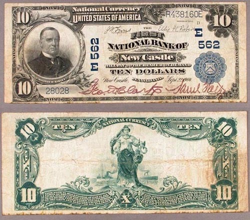 1902 $10 National Bank Note New Castle Pennsylvania CH #562: 1902 $10 National Bank Note New Castle Pennsylvania CH #562 This is a Fine+ grade 1902 $10 National Bank Note from New Castle, Pennsylvania, designated as CH # 562. It is a pre-owned item that reflect