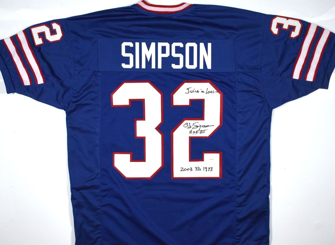 Buffalo Bills Blue Football Jersey Signed by OJ Simpson 3 Inscriptions JSA (1 of 3)