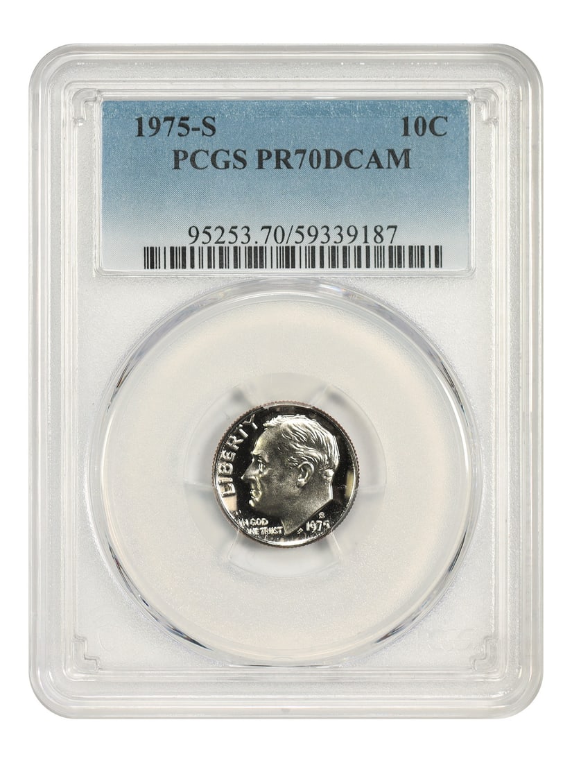 Roosevelt Dime 1975-S 10C PCGS PR70DCAM: Roosevelt Dime 1975-S 10C PCGS PR70DCAM 1975-S Roosevelt Dime graded PCGS PR70DCAM. The coin is uncirculated and certified by PCGS with certification number 59339187. Condition is pre-owned. Specifica