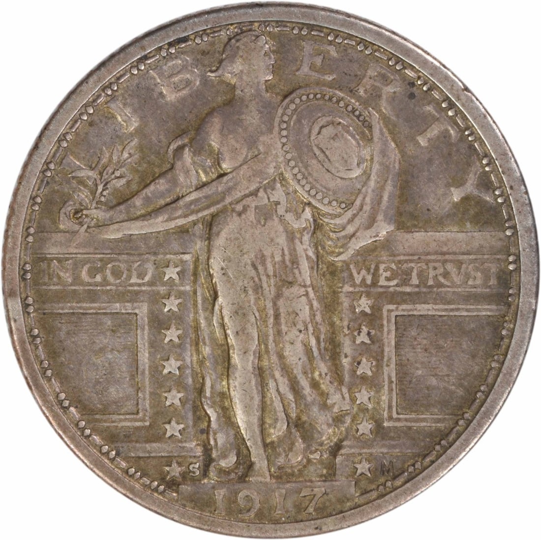 1917 San Francisco Standing Liberty Quarter Type 1 VF Circulated Uncertified: 1917 San Francisco Standing Liberty Quarter Type 1 VF Circulated Uncertified This is a 1917-S Standing Liberty Silver Quarter Type 1, featuring a design by Hermon A. Mac Neil. The coin was minted in S