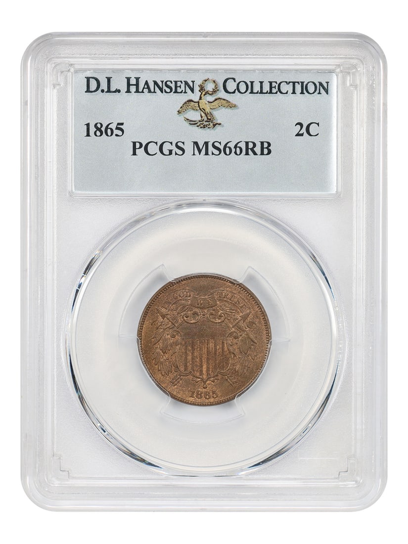 PCGS MS66RB 1865 Two Cent Coin ex D.L. Hansen: PCGS MS66RB 1865 Two Cent Coin ex D.L. Hansen 1865 Two Cent piece certified by PCGS and graded MS66RB. This uncirculated Philadelphia issue is noted for its attractive red-brown color with full mint b