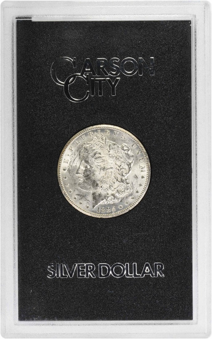 Morgan Dollar 1885 Carson City Uncirculated in GSA Hard Pack Holder: Morgan Dollar 1885 Carson City Uncirculated in GSA Hard Pack Holder This 1885-CC Morgan Silver Dollar is presented in brilliant uncirculated condition, housed in a GSA hard pack holder. Struck at the 