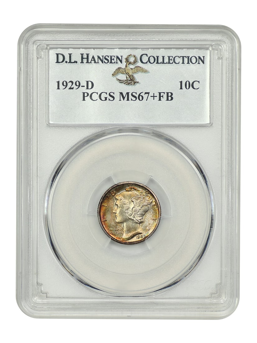 PCGS MS67+FB 1929-D Mercury Dime 10C ex D.L. Hansen: PCGS MS67+FB 1929-D Mercury Dime 10C ex D.L. Hansen 1929-D Mercury Dime certified by PCGS and graded MS67+FB. This uncirculated Denver Mint issue is noted as a true condition rarity at this impressive