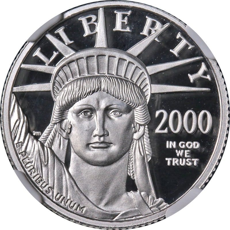 NGC PF70 Ultra Cameo 2000-W $25 Platinum Eagle 1/4 oz Brown Label Coin: NGC PF70 Ultra Cameo 2000-W $25 Platinum Eagle 1/4 oz Brown Label Coin This 2000-W Platinum American Eagle $25 coin is composed of 0.9995 fine platinum and was minted at the West Point Mint. The coin 