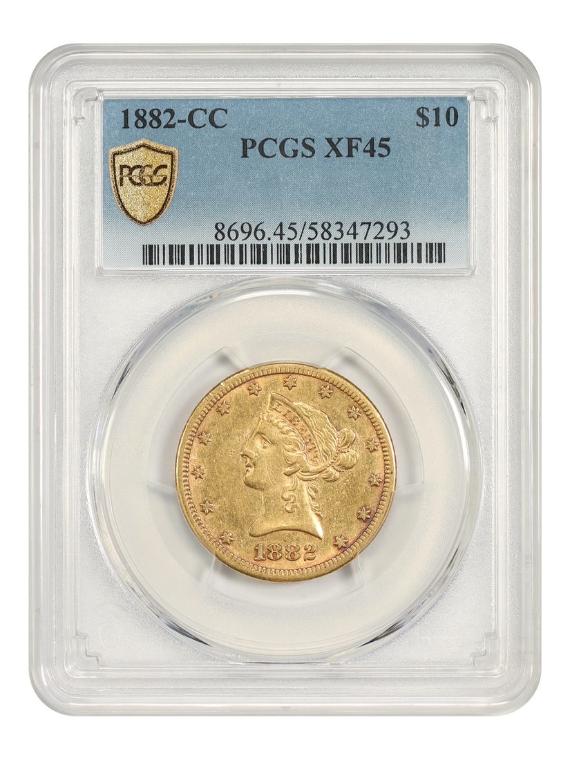 1882 Carson City Liberty Head $10 Gold Coin PCGS XF45: 1882 Carson City Liberty Head $10 Gold Coin PCGS XF45 1882-CC Liberty Head $10 coin certified by PCGS and graded XF45. This Carson City issue is a very scarce date with a low mintage of only 6,764 coi
