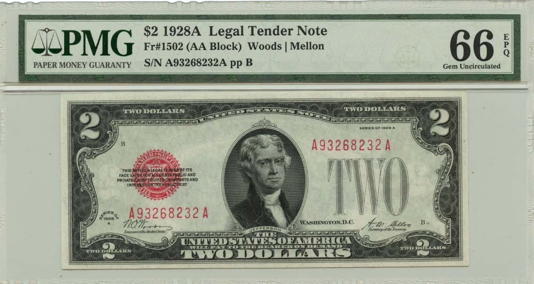 1928A $2 Legal Tender Note Fr# 1502 PMG Gem 66 EPQ: 1928A $2 Legal Tender Note Fr# 1502 PMG Gem 66 EPQ This 1928A $2 Legal Tender Note, designated as Fr# 1502, is a remarkable piece certified by PMG with a Gem 66 EPQ grade. This uncirculated note showc