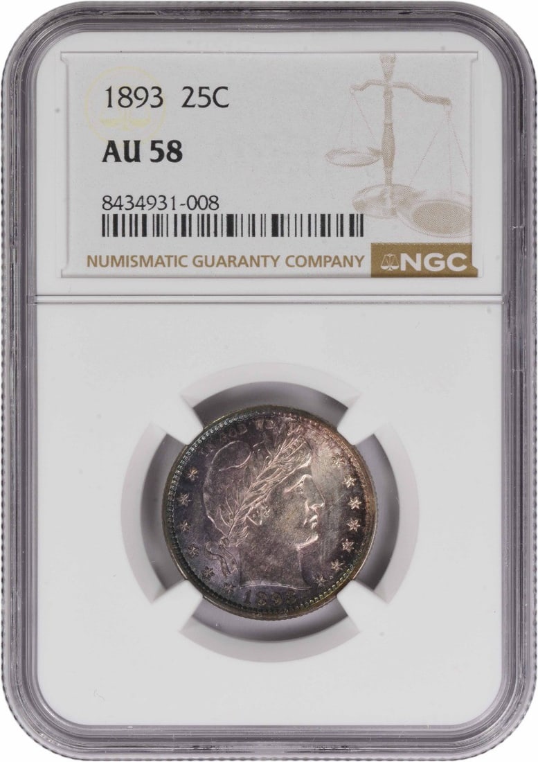 AU58 1893 Barber Quarter Certified by NGC: AU58 1893 Barber Quarter Certified by NGC This 1893 Barber Quarter, graded AU58 by NGC, is an uncirculated coin minted in Philadelphia. Composed of 90% silver and 10% copper, it was designed by Charle