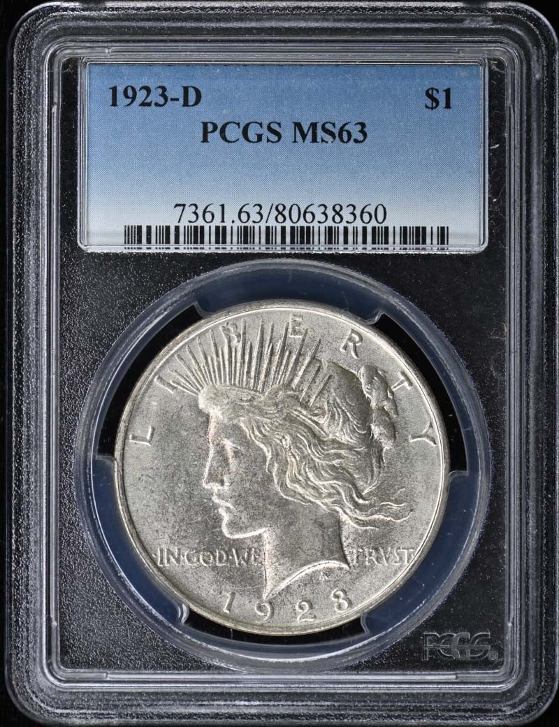 PCGS MS63 1923 D Peace Dollar $1 US Coin: PCGS MS63 1923 D Peace Dollar $1 US Coin A 1923-D Peace Dollar graded MS63 by PCGS. This uncirculated United States coin is a pre-owned example with a Denver mint attribution and $1 denomination. Spec
