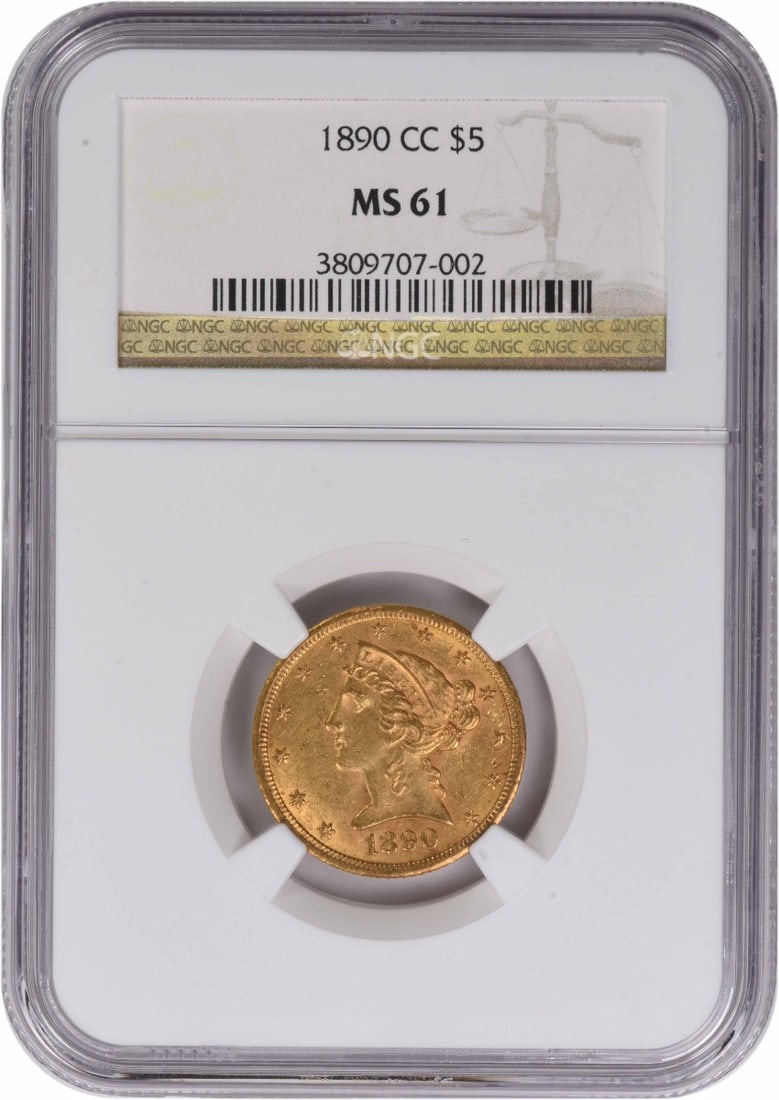 Carson City 1890 Liberty Head $5 Gold Coin Graded MS61 by NGC: Carson City 1890 Liberty Head $5 Gold Coin Graded MS61 by NGC This 1890-CC $5 Liberty Head gold coin is certified MS61 by NGC and was minted in Carson City. Designed by Christian Gobrecht, it is compo