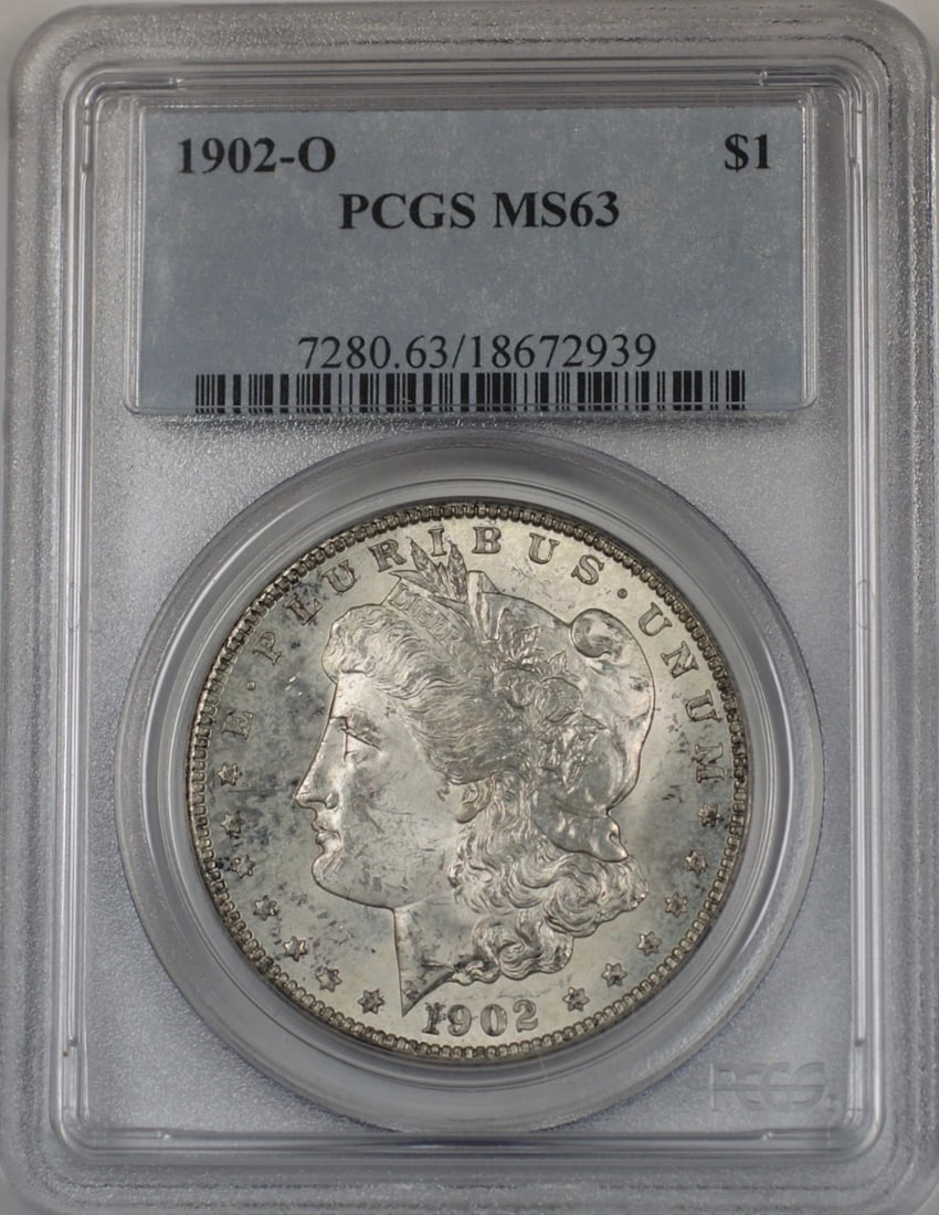 PCGS MS63 1902-O Morgan silver dollar: PCGS MS63 1902-O Morgan silver dollar This 1902-O Morgan Silver Dollar features a lightly toned finish and is graded MS-63 by PCGS. Minted in New Orleans, this uncirculated coin is composed of silver 