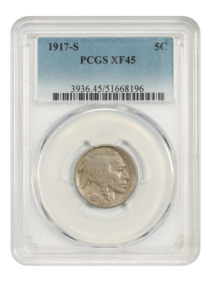 Buffalo Nickel 1917-S 5C PCGS XF45: Buffalo Nickel 1917-S 5C PCGS XF45 A 1917-S Buffalo Nickel graded XF45 by PCGS. This circulated 5C coin was minted in San Francisco and is identified as pre-owned. Certification number 51668196 is pro