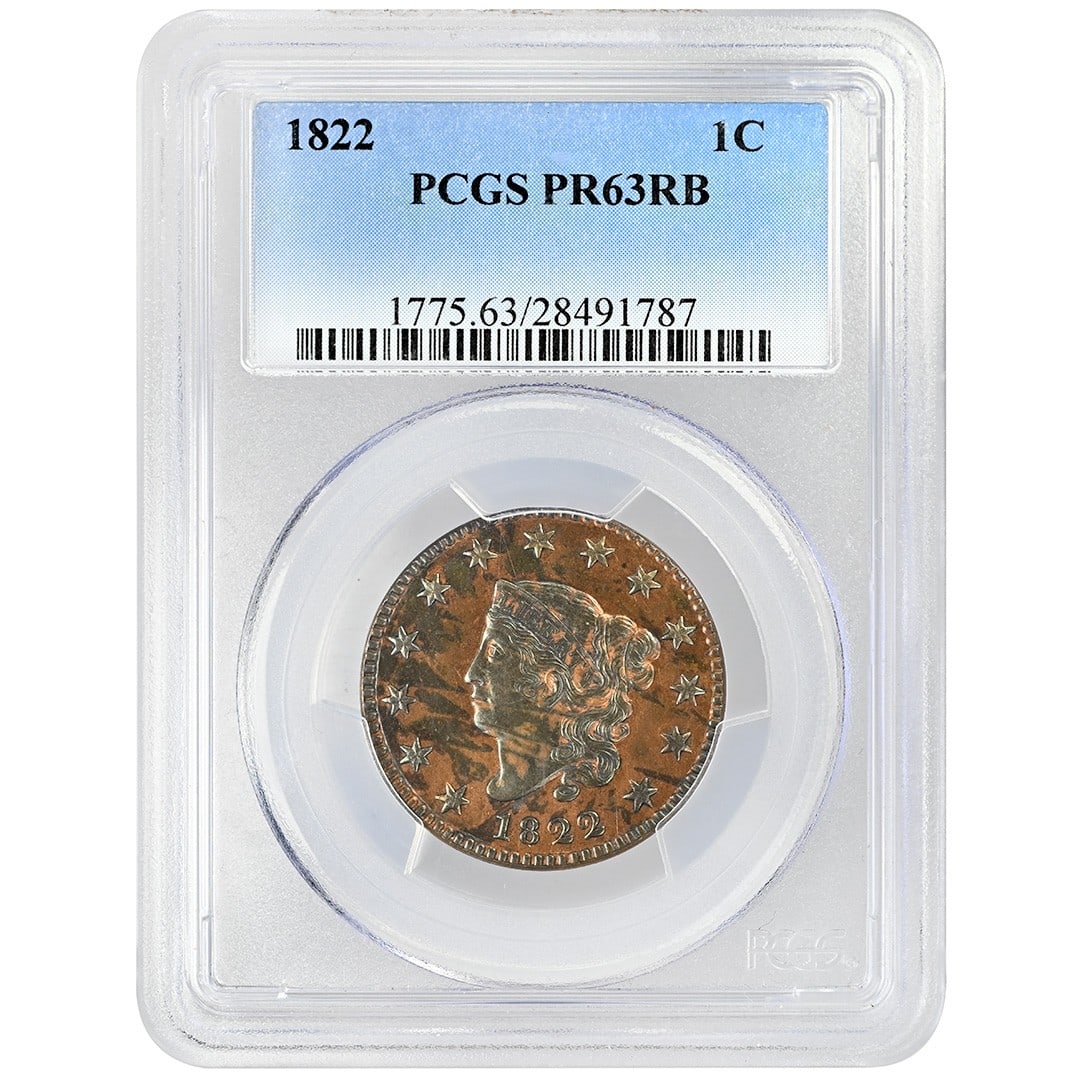 PCGS PR63RB 1822 Coronet Head Copper Cent: PCGS PR63RB 1822 Coronet Head Copper Cent This 1822 Coronet Head Cent is a rare United States coin, composed of copper and certified by PCGS with a grade of PR63RB. It is an uncirculated coin minted i