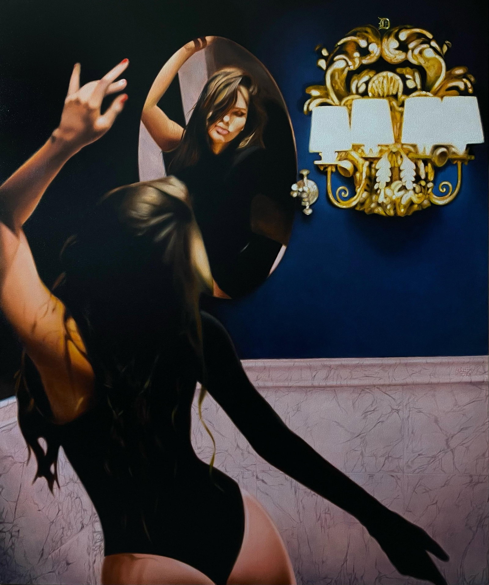 Dmitriy Krestniy Small Room Figurative Oil Painting 47 x 39 inch: Dmitriy Krestniy Small Room Figurative Oil Painting 47 x 39 inch Introducing a captivating figurative oil painting titled "Small Room" by artist Dmitriy Krestniy, measuring 47" x 39". Created in 2023,