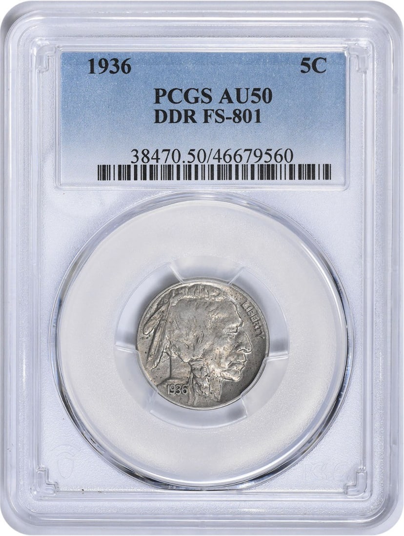 1936 Buffalo Nickel DDR PCGS AU50: 1936 Buffalo Nickel DDR PCGS AU50 This is a 1936 Buffalo Nickel featuring the DDR FS-801 variety. Graded AU50 by PCGS, this circulated coin is composed of nickel and was produced in the United States 