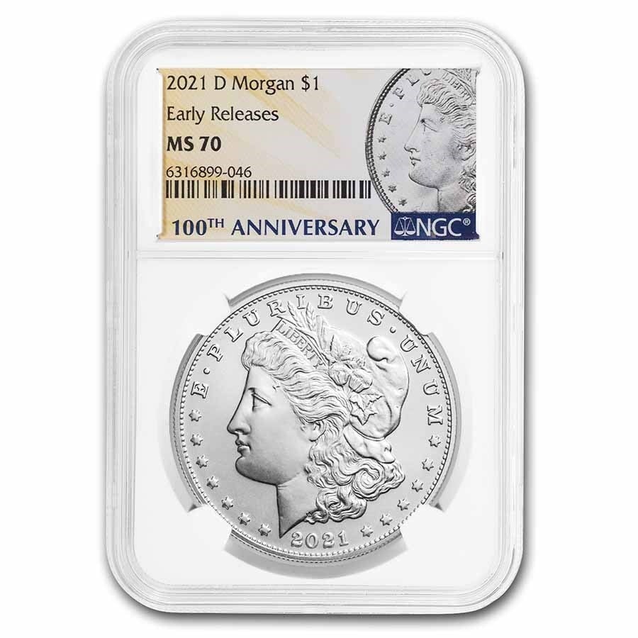2021-D Morgan Silver Dollar MS70 NGC Early Release 0.999 Silver: 2021-D Morgan Silver Dollar MS70 NGC Early Release 0.999 Silver This 2021-D Morgan Silver Dollar is a remarkable collectible, certified as MS 70 by NGC, ensuring its perfect quality. As part of the Ea