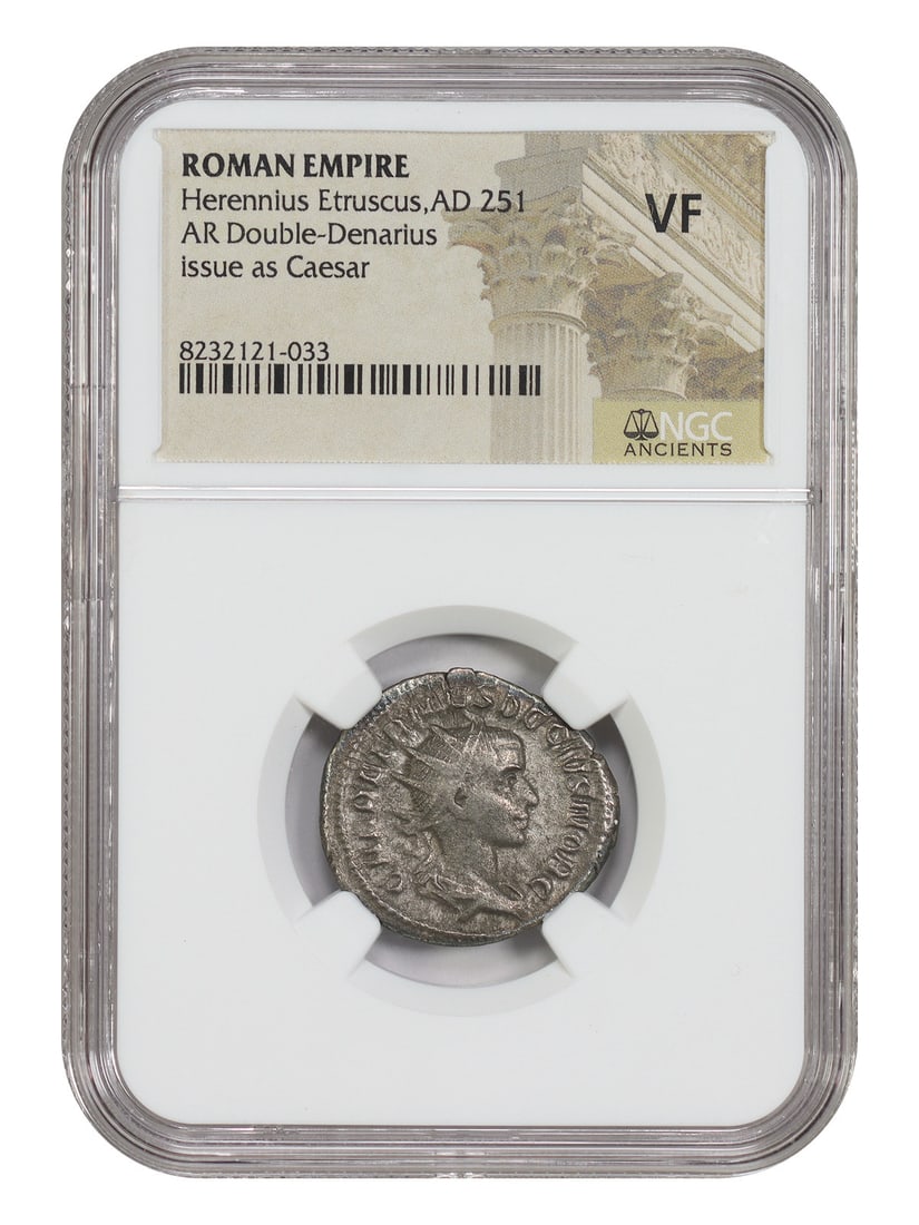 NGC VF Ancient Roman AR Double Denarius Herennius Etruscus AD 251: NGC VF Ancient Roman AR Double Denarius Herennius Etruscus AD 251 Ancient Roman AR Double-Denarius of Herennius Etruscus (AD 251), certified NGC VF. This pre-owned coin is described as an Ancient Roma