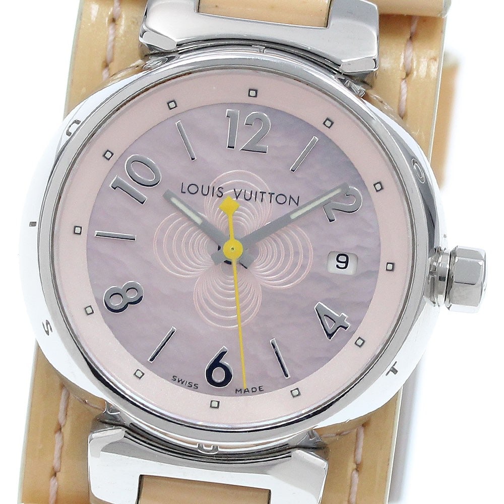 Louis Vuitton Tambour Quartz Date Womens Wristwatch Q1216: Louis Vuitton Tambour Quartz Date Womens Wristwatch Q1216 This Louis Vuitton Tambour Date Quartz Ladies Watch features a stainless steel case with a pink shell dial and date function. The watch is equ