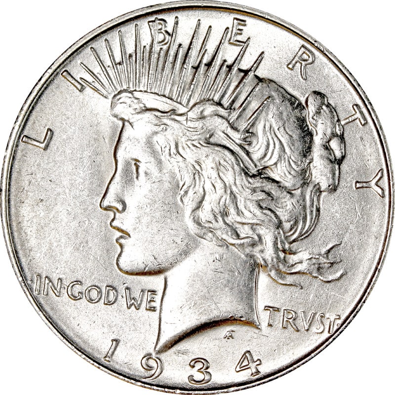 United States 1934 Denver Silver Peace Dollar Coin: United States 1934 Denver Silver Peace Dollar Coin This 1934-D Peace Dollar is a circulated silver coin from the United States, minted in Denver in 1934. It is composed of 90% silver and is uncertifie