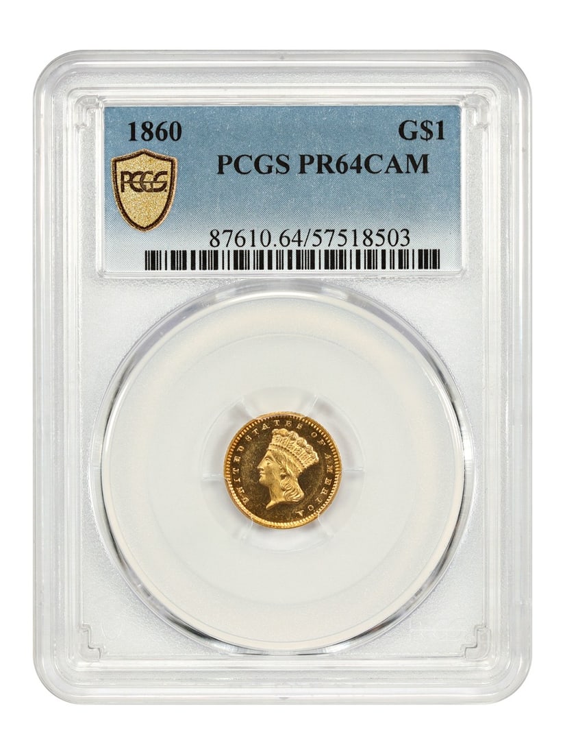 PCGS PR64CAM 1860 G$1 Proof Gold Dollar Philadelphia: PCGS PR64CAM 1860 G$1 Proof Gold Dollar Philadelphia 1860 Philadelphia Gold Dollar certified by PCGS as PR64CAM. The Philadelphia Mint struck 154 proof gold dollars in 1860, but only around 30 of thos