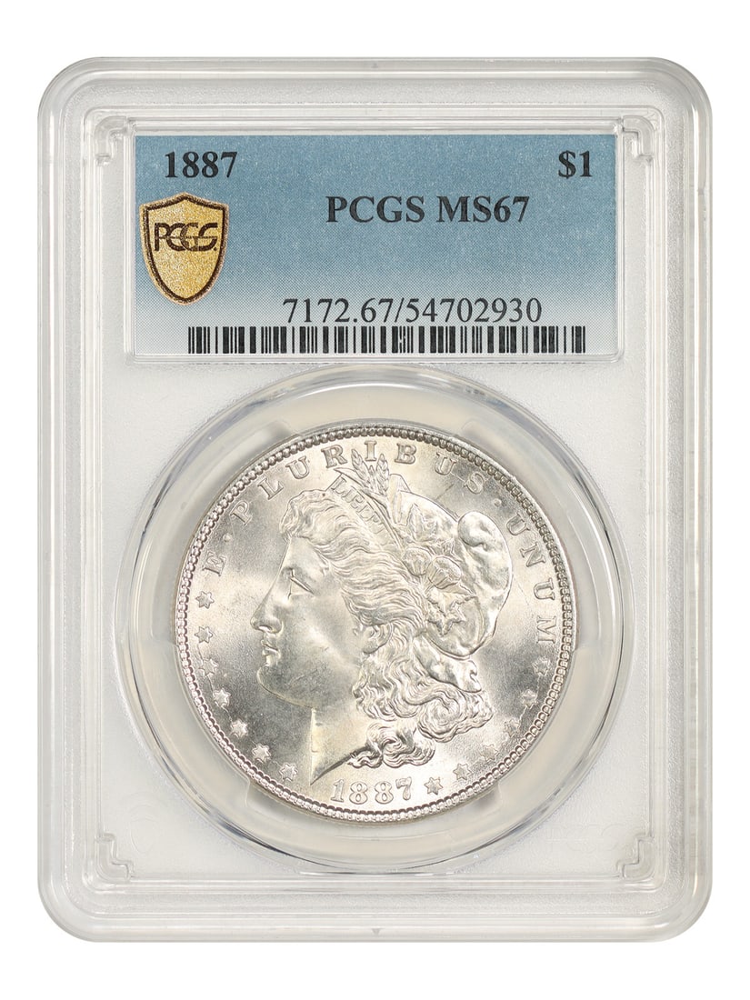 PCGS MS67 1887 Morgan Dollar $1 Philadelphia Mint: PCGS MS67 1887 Morgan Dollar $1 Philadelphia Mint 1887 Morgan Dollar $1 certified by PCGS as MS67. Struck in Philadelphia, this uncirculated coin is a common date Morgan with a mintage of over 20 mill