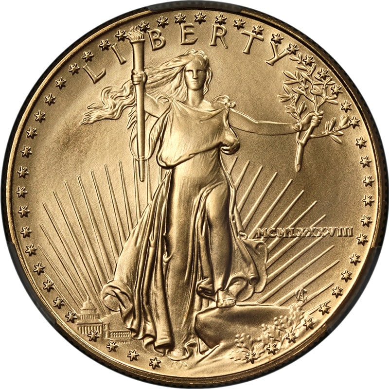 1988 $50 Gold American Eagle CAC MS70 Certified: 1988 $50 Gold American Eagle CAC MS70 Certified This 1988 Gold American Eagle $50 coin has been graded MS70 by CAC Grading, indicating a perfect, uncirculated condition. The coin features excellent ey