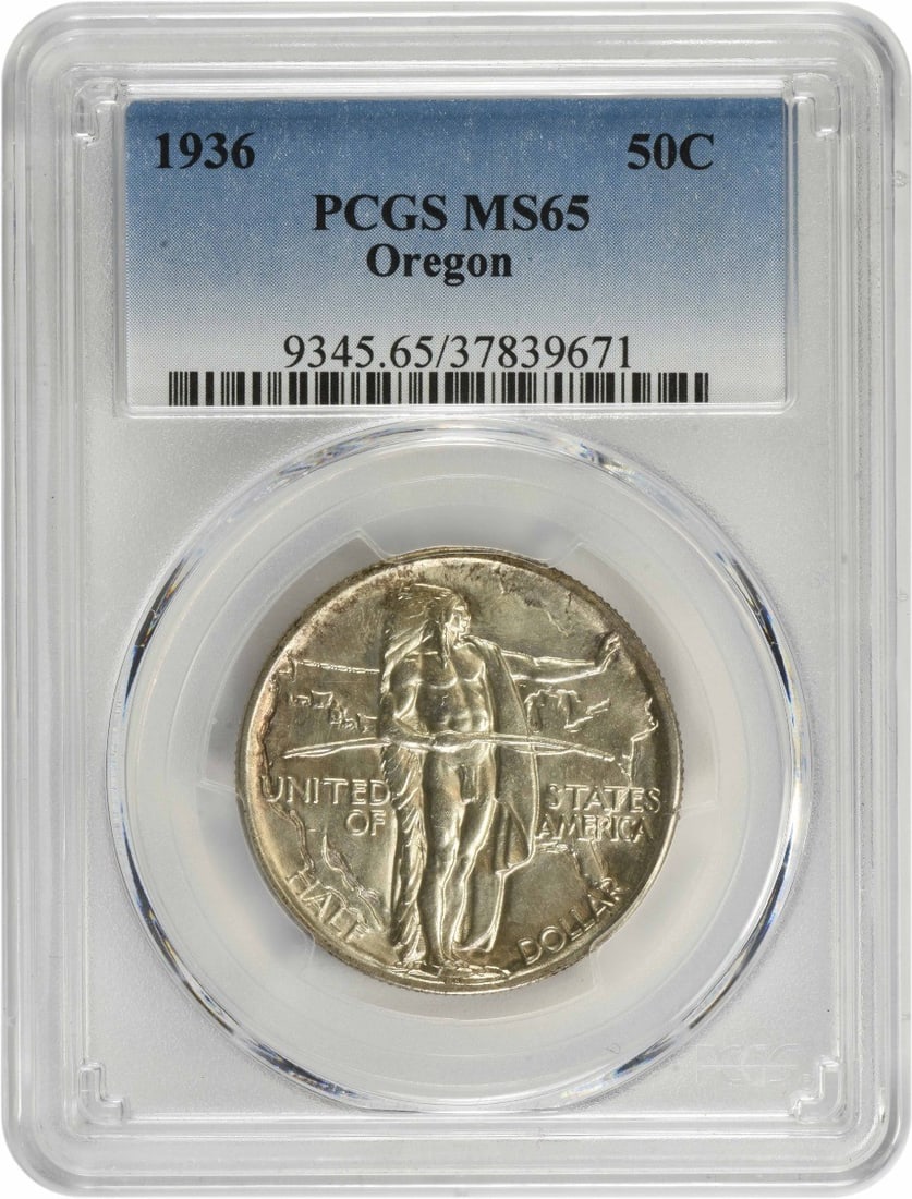 1936 Oregon Commemorative Silver Half Dollar MS65 PCGS Uncirculated: 1936 Oregon Commemorative Silver Half Dollar MS65 PCGS Uncirculated This stunning Oregon Commemorative Silver Half Dollar from 1936, graded MS65 by PCGS, is a remarkable piece for any coin collector. 