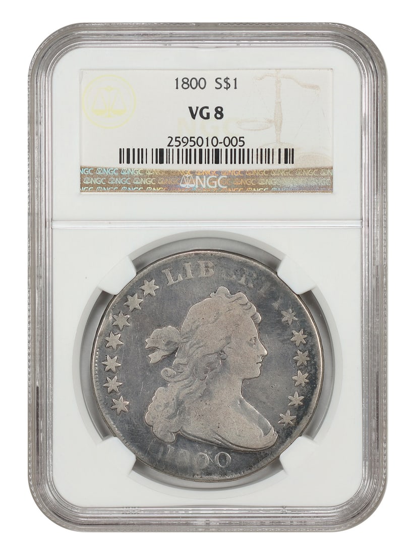 1800 Draped Bust Dollar $1 NGC VG08 Popular Millennial Issue: 1800 Draped Bust Dollar $1 NGC VG08 Popular Millennial Issue 1800 Draped Bust Dollar graded VG08 by NGC. This circulated $1 coin from the Philadelphia Mint is identified as a popular millennial issue 