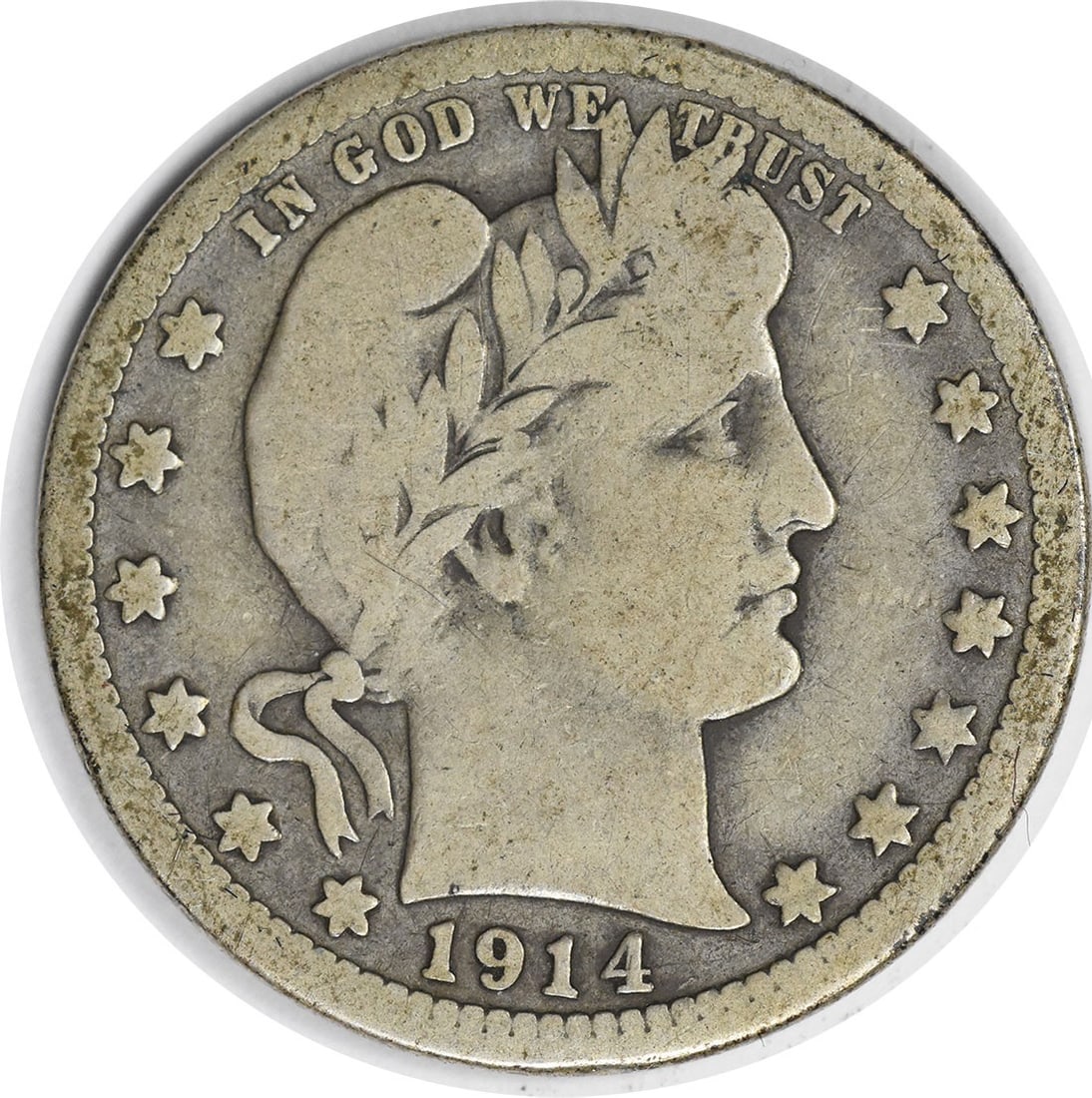 1914 San Francisco Barber Quarter 90% Silver VG Grade Uncertified: 1914 San Francisco Barber Quarter 90% Silver VG Grade Uncertified This 1914-S Barber Quarter is a circulated coin from the United States Mint in San Francisco. Designed by Charles E. Barber, it is com