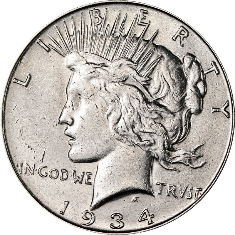 Silver 1934 D Peace Dollar With Doubled Die Obverse Variety: Silver 1934 D Peace Dollar With Doubled Die Obverse Variety This is a 1934-D Peace Dollar featuring a doubled die obverse. The coin is silver with a 0.9 fineness and was minted in Denver, United State