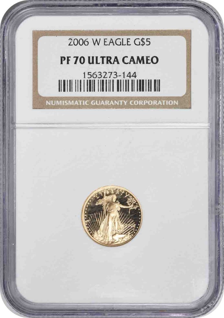 NGC PR70 2006-W Proof $5 Gold American Eagle Coin: NGC PR70 2006-W Proof $5 Gold American Eagle Coin This is a 2006-W $5 American Gold Eagle proof coin, graded PR70 Ultra Cameo by NGC. Minted at West Point, it features designs by Augustus Saint-Gauden