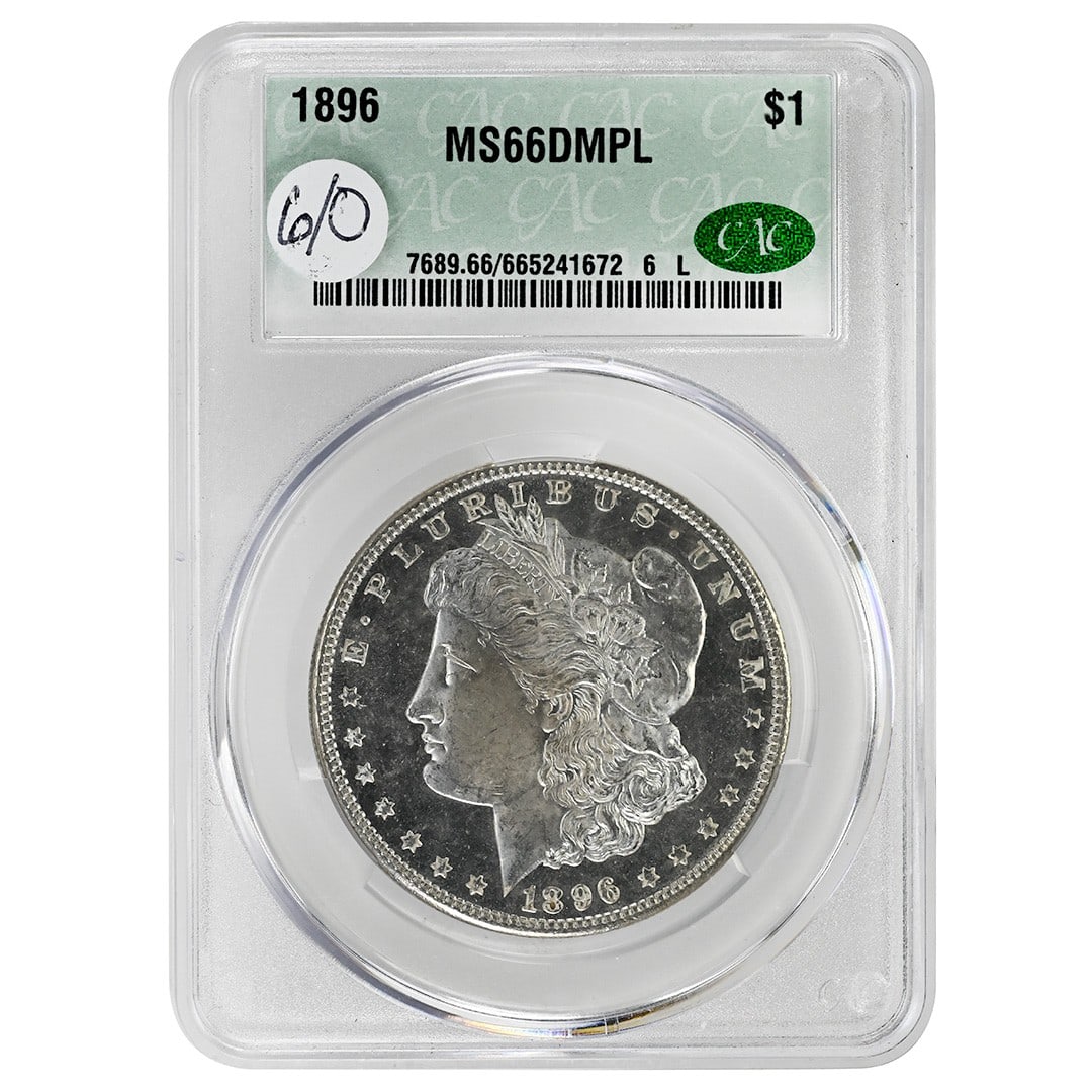 CACG MS66DMPL 1896 Morgan silver dollar Deep Mirror Proof Like: CACG MS66DMPL 1896 Morgan silver dollar Deep Mirror Proof Like This 1896 $1 Morgan Dollar is an uncirculated coin from the Philadelphia Mint, featuring a Deep Mirror Proof-Like (DMPL) strike. Certifie