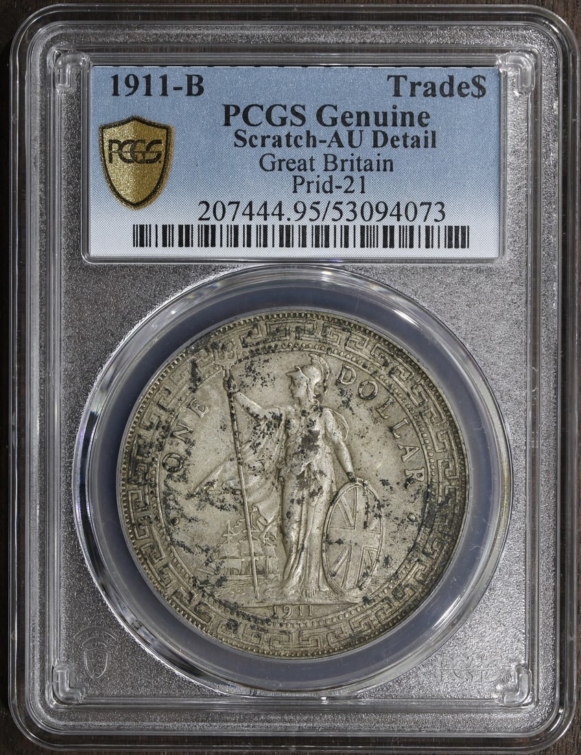 PCGS Bombay Mint 1911-B British Silver Trade Dollar AU Detail: PCGS Bombay Mint 1911-B British Silver Trade Dollar AU Detail This is a 1911-B Great Britain British Silver Trade Dollar, minted at the Bombay Mint. The coin is composed of 0.9 fineness silver and has