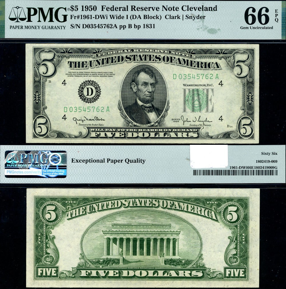 1950 $5 Federal Reserve Note Cleveland D-A Block Gem PMG CU66 EPQ: 1950 $5 Federal Reserve Note Cleveland D-A Block Gem PMG CU66 EPQ This uncirculated 1950 Federal Reserve Note features the Cleveland D-A Block Wide I designation and is graded as Gem CU66 EPQ by PMG. 